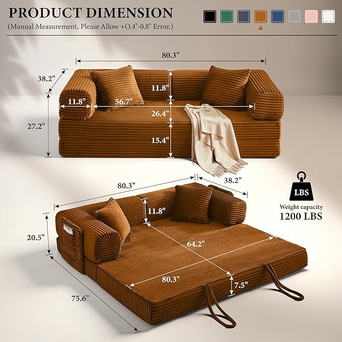 Boneless Couch Futon Sofa Bed Sectional Couches for Living RoomCloud Couch with Sleeper SofaSofas for Living Room Oversized Corduroy Upholstered (Orange 81 Inches (with Iron Frame))