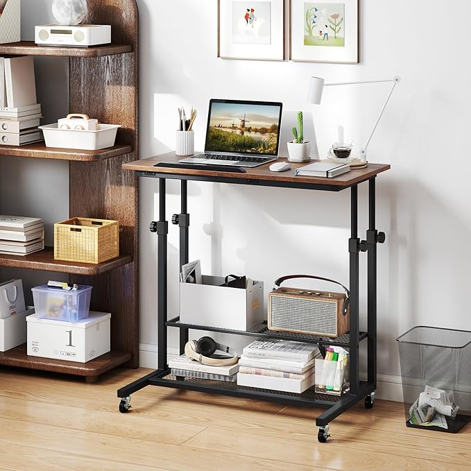 Tangkula Mobile Computer Desk Cart Height Adjustable Rolling Laptop PC Desk with Tilting Tabletop &amp Storage Shelves Small Compact Desk on Wheels for Small Space Living Room &amp Bedroom (Rusti