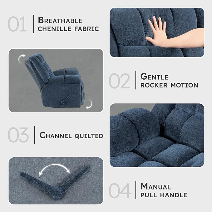 Lexicon Chenille Rocker Reclining Chair for Adults Rocker Pull Handle Recliner Nursery Chair for Living Room/Bedroom High Back Pillow Top Arms High Density Foam Cushions Blue