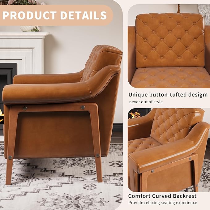 EJUNQ Cozy Accent ChairPU Leather Modern Living Room ChairsMid-Century Office Reading ChairSingle SofaArmchair for Bedroom Apartment Waiting Room(Brown1)