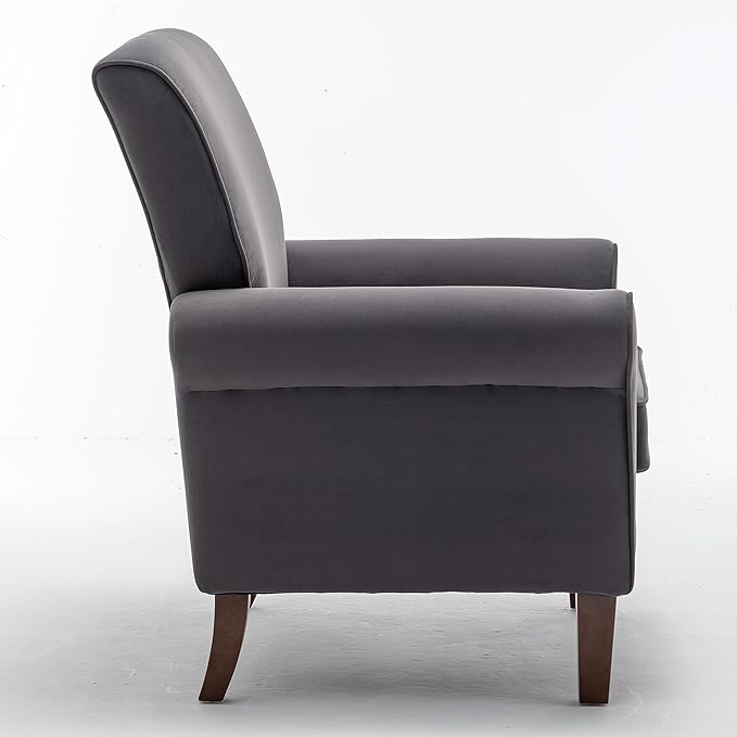 Classic Accent Armchair with Birch Wood Frame and Comfortable Rolled Armrests Arm Chairs for Living Room Bedroom and Office Decor Grey