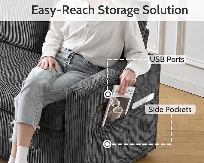 WEUP 106 U Shaped Sectional Sleeper Sofa Bed with Pull Out Bed Sectional Sleeper Couch Pull Out Couch with Reclining Backrest/Reversible Storage Chaise/USB Ports/Tool-Free Assembly Corduroy Grey