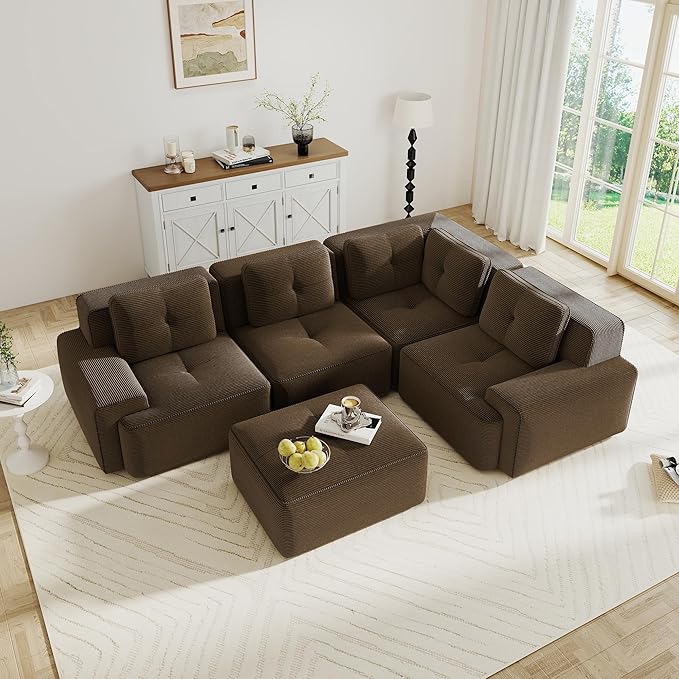 Oversized Modular Sectional Sofa Modern V Shaped Corner Boneless Couch with Ottoman Comfy 5 Seater Cloud Sleeper Sofa with Deep Seat Customizable Layout Couches for Living Room Apartment Brown