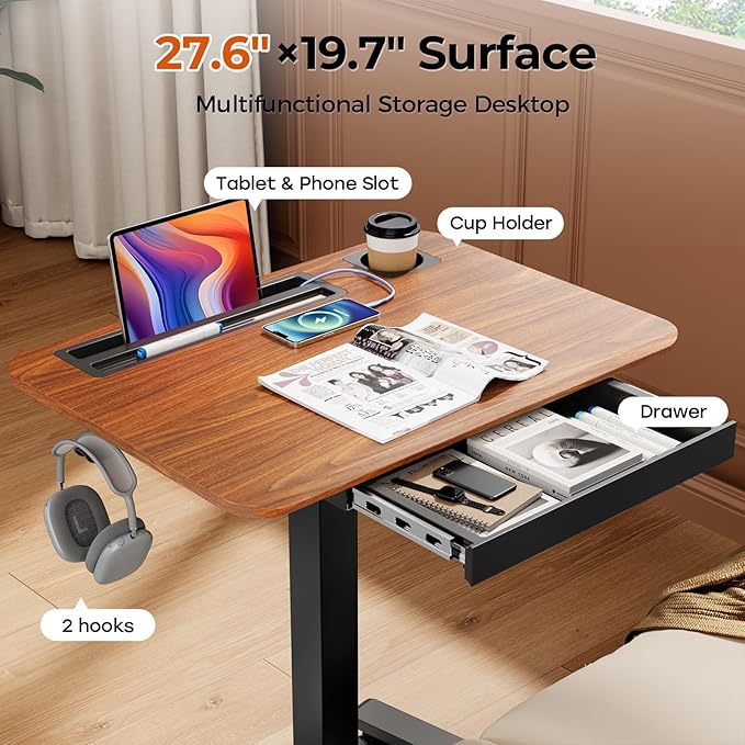 Mobile Standing Desk with Drawer 28 Rolling Desk with Cup Holder and Hooks Portable Laptop Workstation on Wheels Height Adjustable Cart with Storage for Home Office Dark Wood