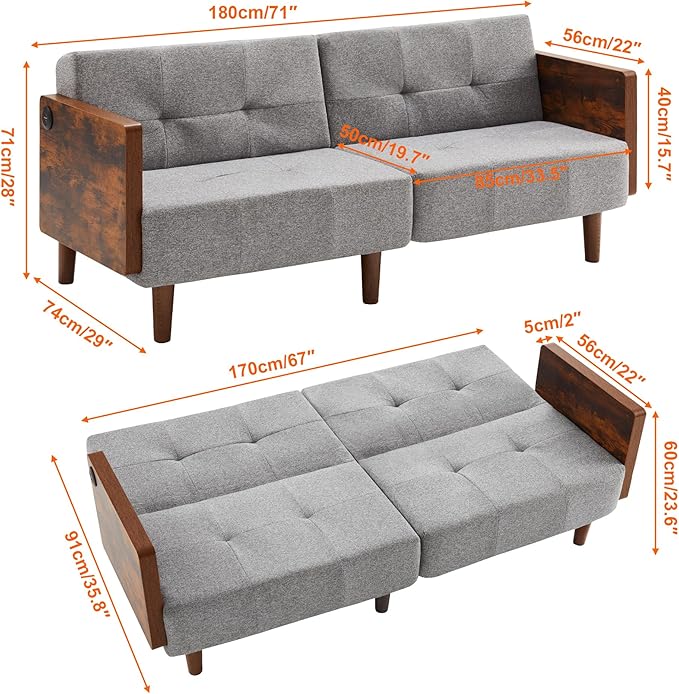 71 Futon Sofa Bed Convertible Couch for Small Spaces – Twin Sleeper with Cotton Fabric &amp Wooden Armrests Grey Upholstered Sofa Bed (Grey)