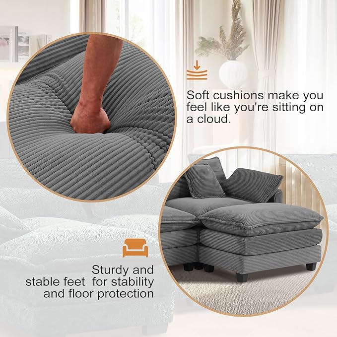 Furniliving Oversized Accent Chair with Ottoman Luxury Corduroy Single Sofa Upholstered Deep Seat Chaise Lounge with Pillows for Living Room Bedroom Apartment Grey