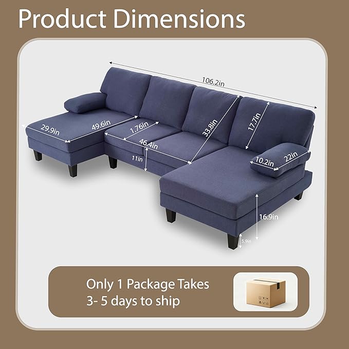 U Shaped Sectional Couches for Living Room 106.3 Modular Sofa with Double Chaises 4-Seater Sofa with Memory Foam Cushions Comfy Sectional Couches for Apartment Reception Room Blue