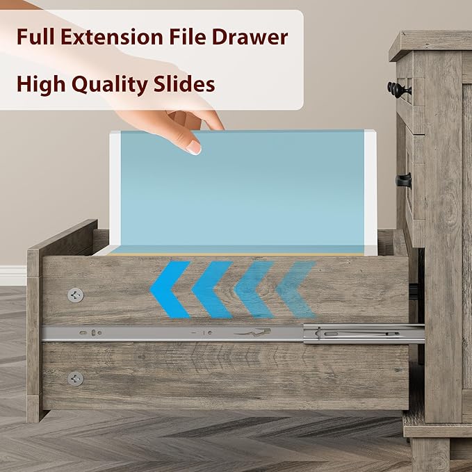 IDEALHOUSE Rustic Wood Double Desk with Built-in Charging Station &amp 4 File Drawers Spacious 2-Person Writing Table for Home Office Heavy-Duty Dual Workstation for Study &amp Work Gray