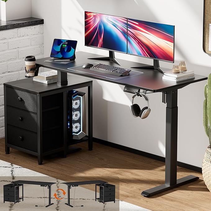 REAHOME Electric Standing Desk with Drawers 55 x 24 Inches Height Adjustable Sit Stand Desk with Storage 3 Memory Preset Home Office Computer Desk Printer Cabinet 2 Hooks Cable Management Black