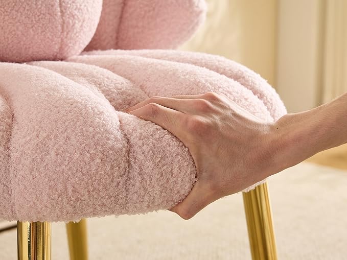 VINGLI Shell-Shaped Teddy Fleece Accent Vanity Chair with BackComfy Pink and Gold Desk Chair No WheelsCute Small Pearl Deco PillowGift for Girls/Womenfor MakeupOfficeDiningNailSewingBedroom