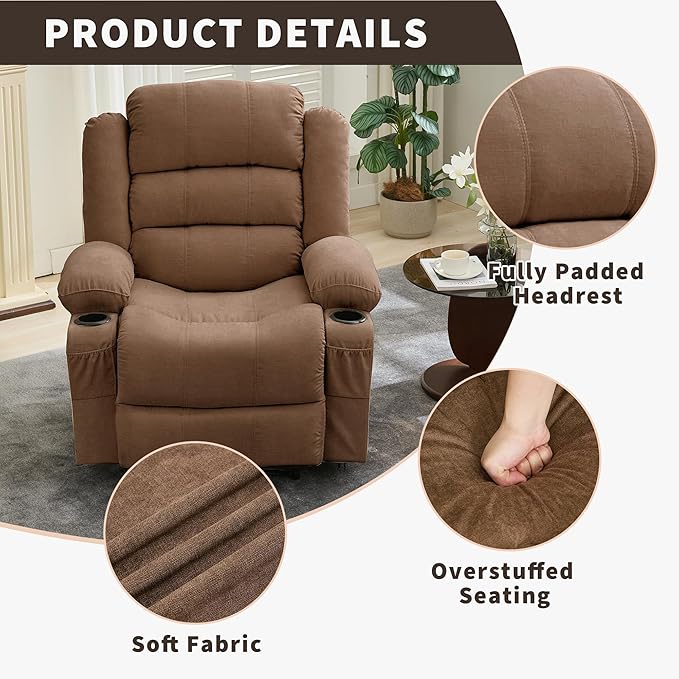 Wide Recliner Chair for Adults Large Manual Pull Tab Reclining Chair with Dual Cup Holders 3 Recline Positions Side Pockets Supports 350 Lbs Overstuffed Single Sofa for Living Room