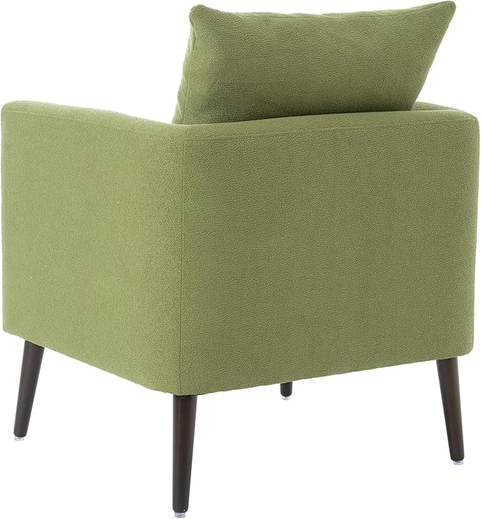 Modern Upholstered Accent Chair Mid-Century Lounge Armchair with Pillow Comfy Reading Side Accent Chairs Single Sofa Chair with Wood Legs for Living Room Bedroom (Olive Green+Fleece)
