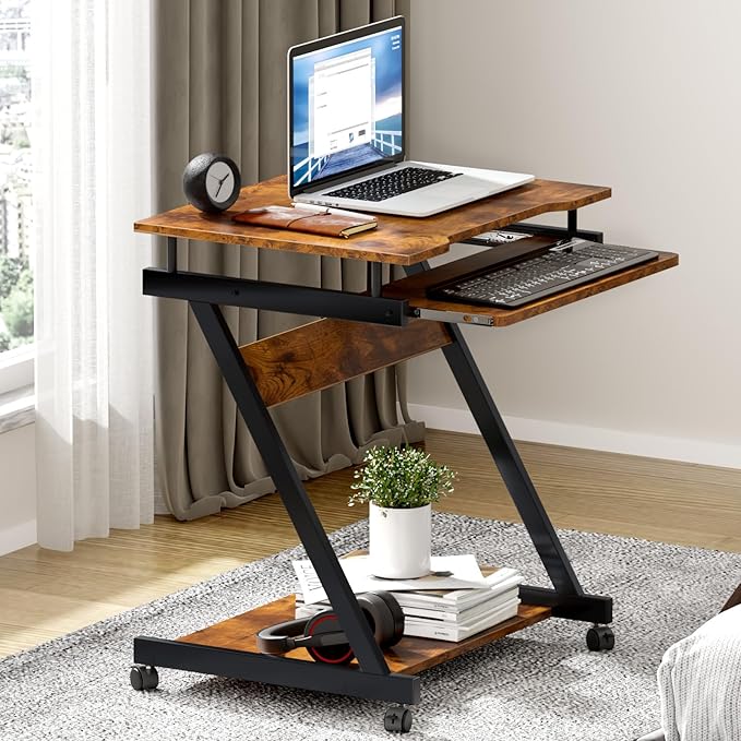 sogesfurniture Retro Computer Desk Small Mobile Workstation with Keyboard Tray Printer Shelf &amp Storage 23.6x18.9x28.7 inches Engineered Wood for Home and Office