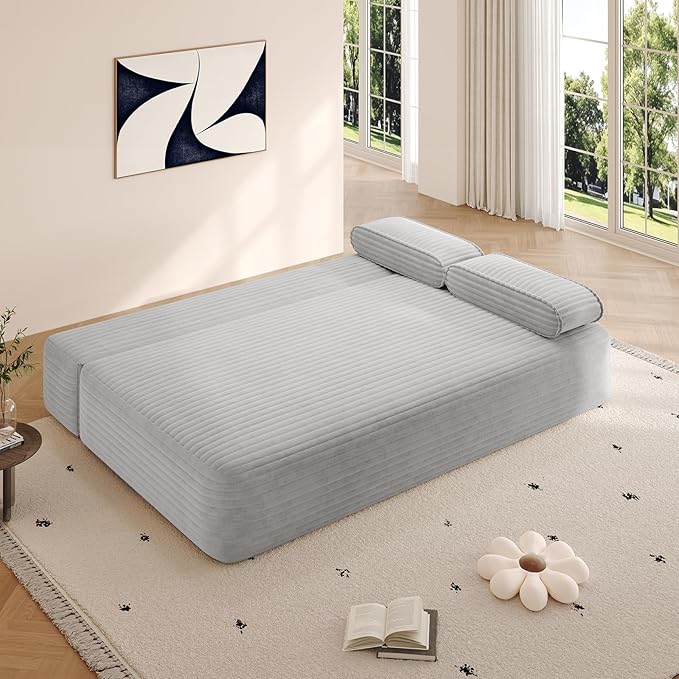 2-in-1 Convertible Folding Futon Sofa Bed with Reversible Backrest &amp Pillows 78 Corduroy 3-Seater Cloud Boneless Couch Comfy Modern Floor Couch Bed for Living Room Bedroom No Assembly(Light G