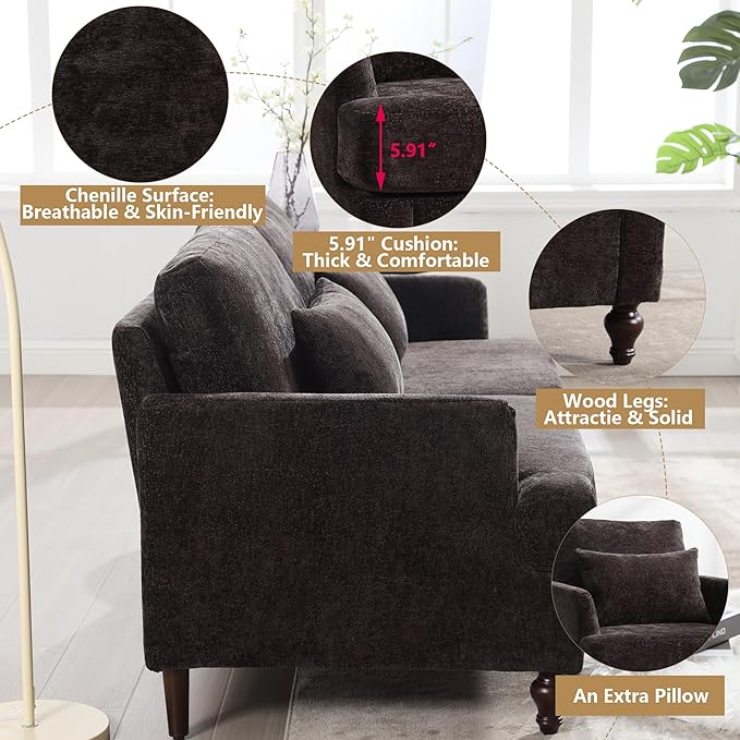 Mid Century Modern Chenille Loveseat Sofa 2-Seat Upholstered Cozy Loveseat Sofa with Pillows for Living Room Comfy Side Reading Lounge Couch for Bedroom Club Office Apartment Black