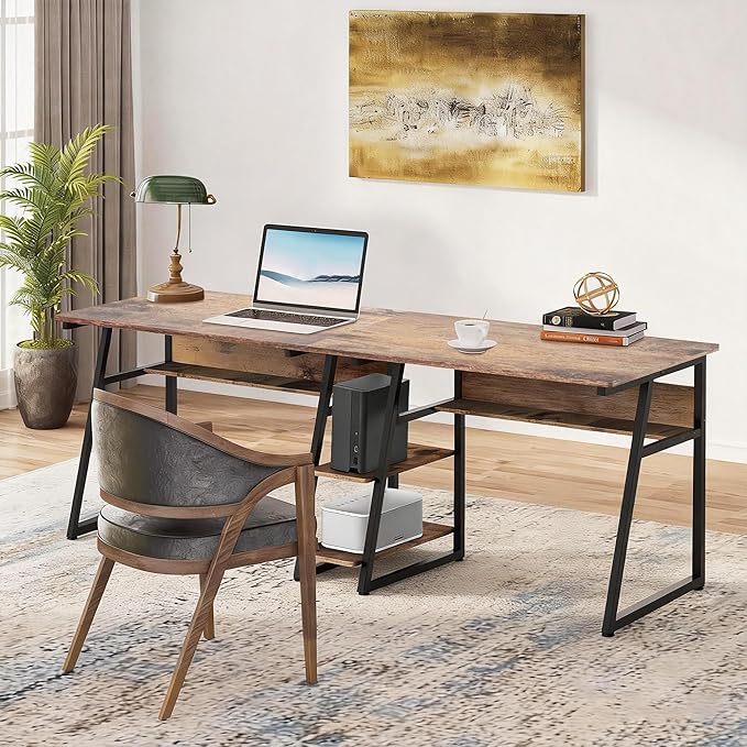 J.M.Deco 81'' Two Person Computer Desk with Storage Shelves Extra Long Study Writing Table Workstation for Home Office (Rustic Brown)
