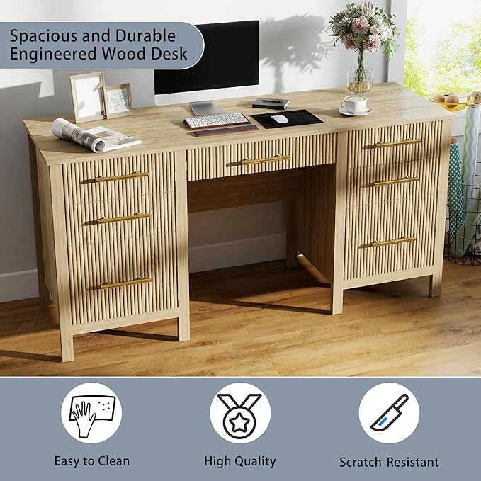 Oak Computer Desk with Storage: 60 Wooden Executive Office Desk with 7 Drawers Home Office Desks with File Drawers Fluted Writing Desks for Study Living Room