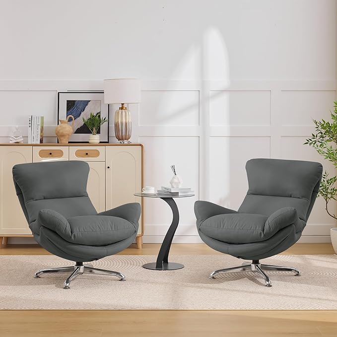 360° Swivel Oversized Accent Chairs Set of 2 Fabric Upholstered High Back &amp Thick Cushion Ergonomic Comfy Reading Lounge Sleeper Chair with Sturdy Metal Base for Living Room Bedroom Grey