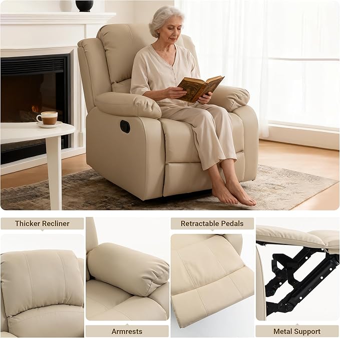 Manual Recliner Chair Lazy Boy Leather Recliner Perfect for Lounging in the Living Room Home Theater and Bedroom an Excellent Gift for Home Beige
