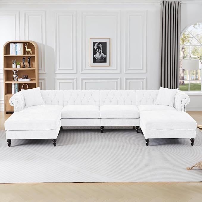 ORRD U Shaped Chesterfield Sofa Oversized Sectional Linen Couch Chaise Ottoman Sofa Upholstered Accent Tufted Couch with Rolled Armrest and Nailhead Design for Living Room Office - White