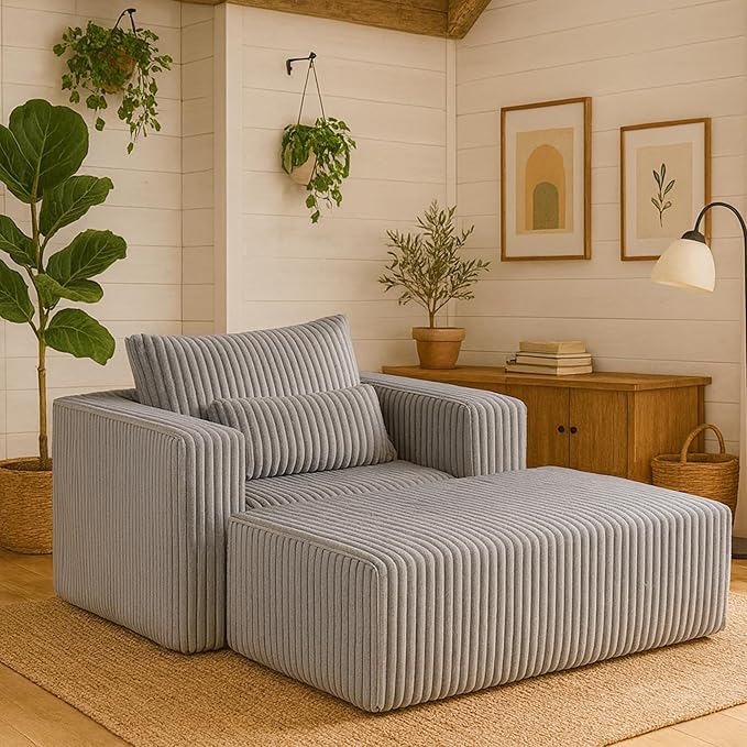 KEIKI Chaise Lounge Chair Indoor with Ottoman 62.6 D Oversized Sleeper Chair Corduroy Upholstered Comfy Sofa for Bedroom Living Room Office Grey
