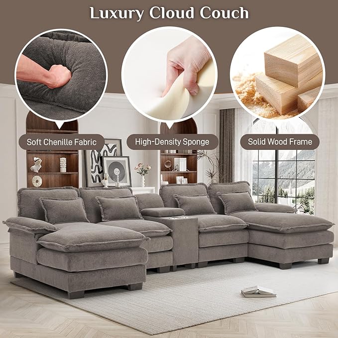 133 Oversized U Shaped Cloud Couch Modular Sectional Couches for Living Room Comfy Chenille Deep Seat Sofa Set with Double Chaise Lounge Storage Central Console Cup Holders USB Port Stone Grey