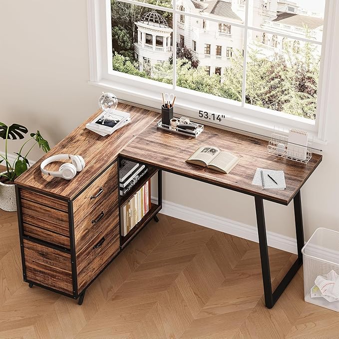 LITTLE TREE Reversible 53-inch L Shaped Desk with 3 Drawer Farmhouse Corner Desk Gaming Table with Shelves and File Cabinet for Letter Size &amp Legal Size File for Home Office and Small Space Brow