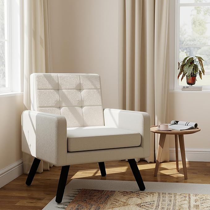 Kromax Mid-Century Modern Accent Chair for Living Room 496 Lb. Weight Capacity Dual Armrests Comfy Extra Large Seat Timeless Style Perfect for Reading &amp Relaxing Cream