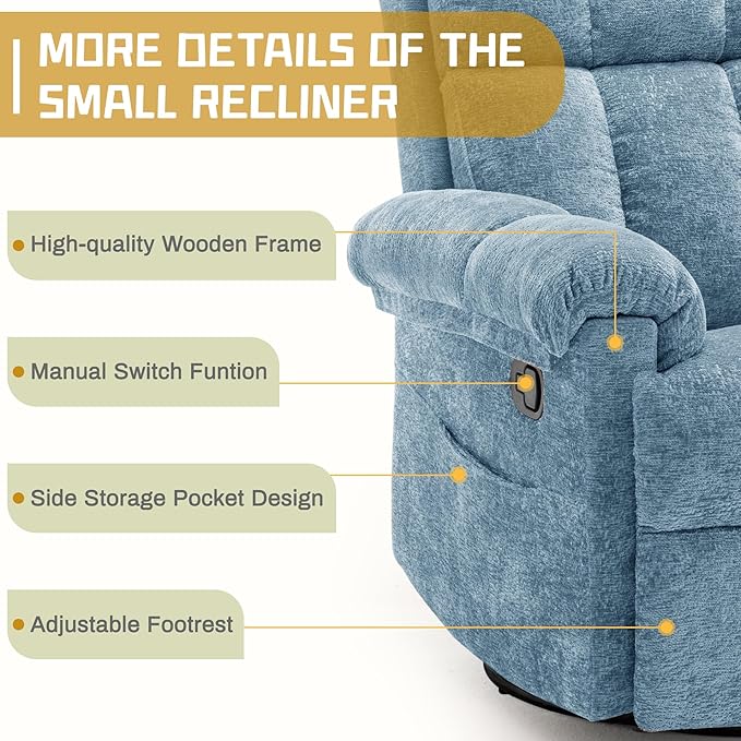 Recliner Chair Swivel Rocker Recliner Chair for Adults Small Recliners for Small Spaces Manual Recliner Chair with Side Pockets Nursery Rocking Chair for Living Room Chenille Airy Blue
