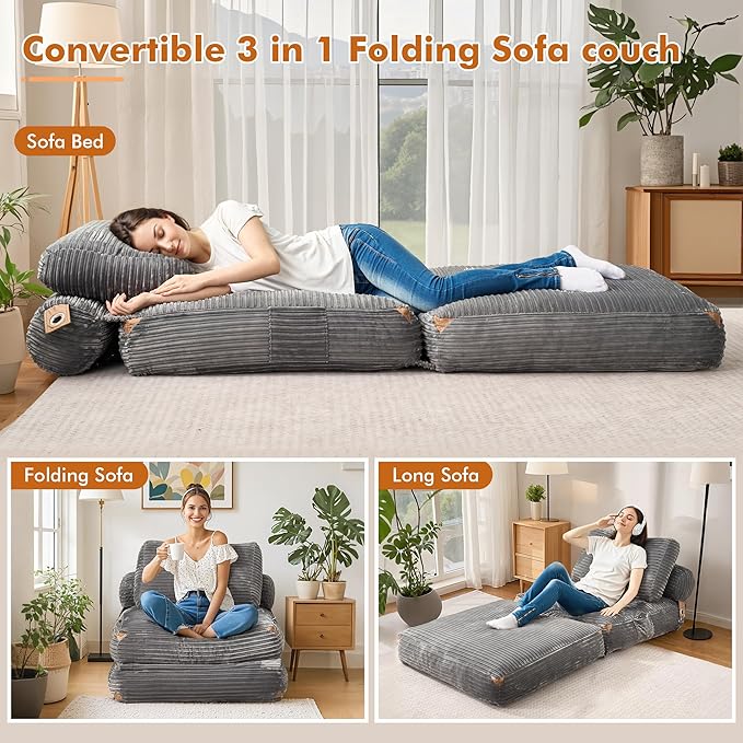 Folding Sofa BedComfy Sleeper Chair Foldable Mattress with Pillow &amp Back SupportPortable Fold Out Chair Bed Floor Convertible Lounge Sofa Couch for Living Room Bedroom (Grey)