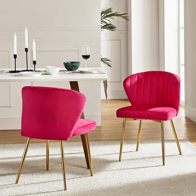 HULALA HOME Velvet Dining Chairs Modern Small Armless Accent Chair with Gold Metal Legs Living Room Upholstered Cute Side Chair Elegant Tufted Back Vanity Chair for Bedroom/Beauty Room-Fuchsia