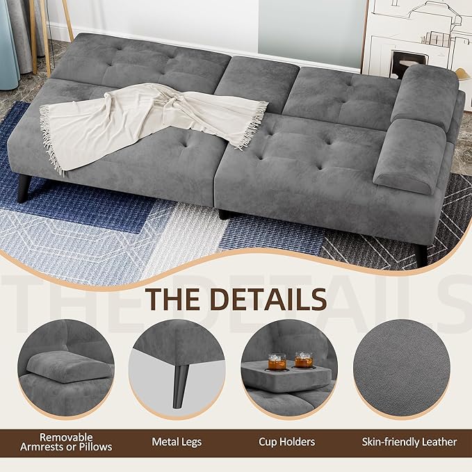 Shintenchi Futon Sofa Bed Velvet Foldable Couch Reclining Sleeper with Removable Armrests Upholstered Loveseat Sofa Couch with Folding Cup Holders for Home Office Dark Gray