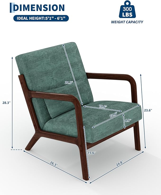Garvee Mid-Century Modern Accent Chair Chenille Upholstery Solid Wood Armchair with Removable Lumbar Pillow Sturdy Reading Chair for Living Room Bedroom Guest Room Easy Assembly Green