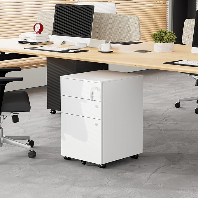 Mobile File Cabinet with 3 Locks 3 Drawer File Cabinets for Home Office Under Desk Metal Filing Cabinet for A4/Letter/Legal Lockable Fully Assembled Except castors White