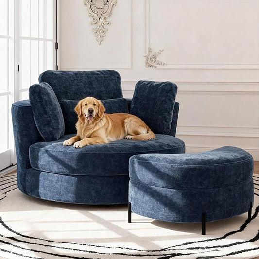 Aoiy &amp Wifon 50'' W Oversized Swivel Barrel Chair with Storage Ottoman Navy Round Swivel Accent Chair with Half Moon Ottoman for Living Room Deep Seat &amp Extra Wide Chenille