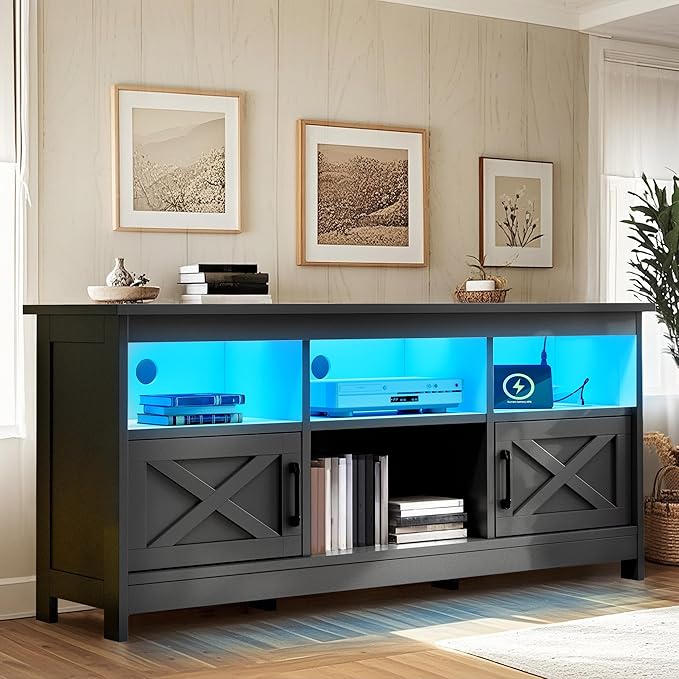 YITAHOME TV Stand for 65 Inch TVs Entertainment Center with Storage Cabinets Power Outlet &amp LED Light Media TV Console with Barn Doors for Living Room Black