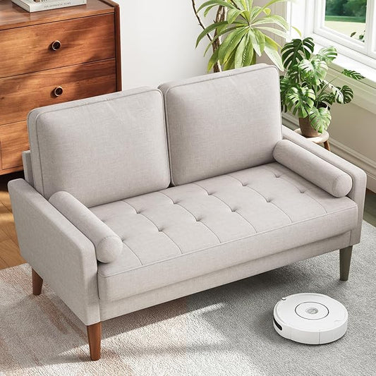 Vesgantti Loveseat Sofa with Solid Wood Legs 48 Small Couches for Small Spaces Love Seat for Living Room Bedroom Easy Assembly Mid Century Modern Couch with Throw Pillow for Apartment Ashbeige