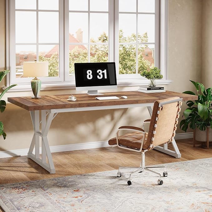 Tribesigns 70.86-Inch Large Executive Desk Industrial Home Office Computer Desk Simple Long Writing Study Table Business Furniture (Brown-White)