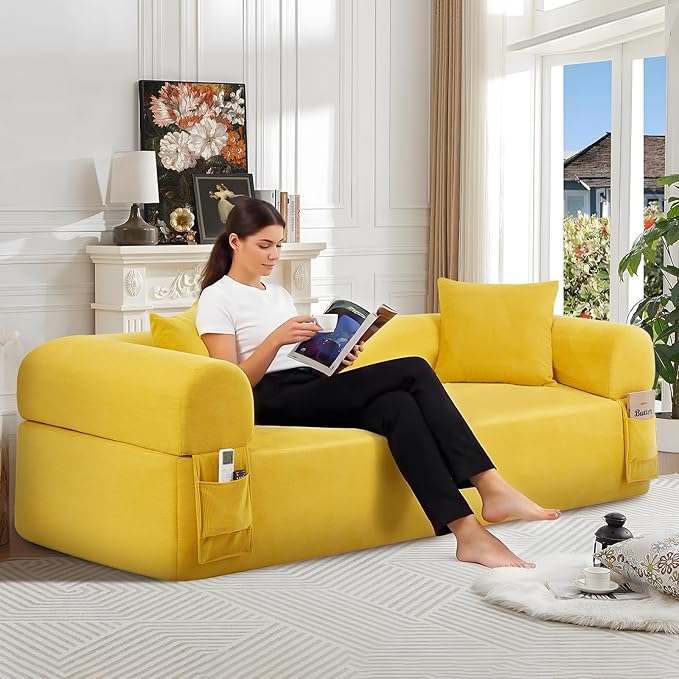 83 Boneless Couch 3 Seater Sofa with 2 Matching Pillows Compact Corduroy Couches for Living Room Side Storage Pockets Floor Sofa with Removable Armrests No Assembly Required Yellow
