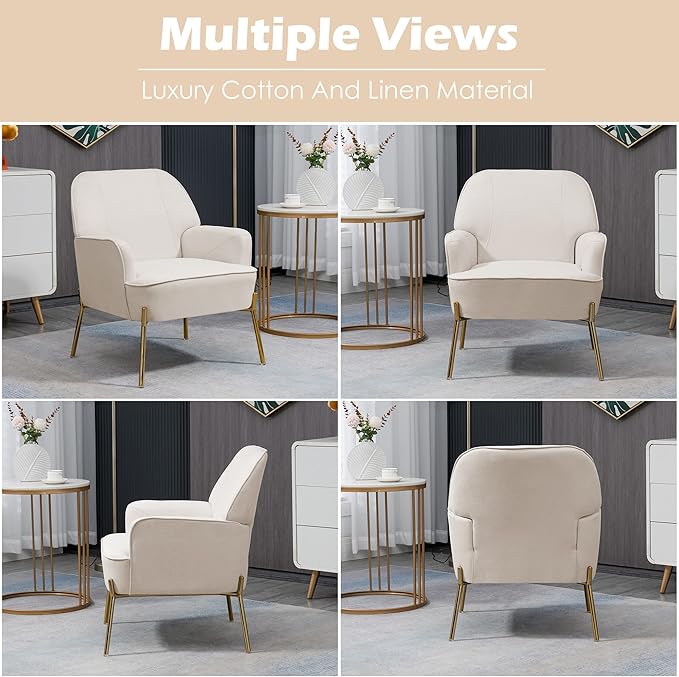 Velvet Accent Chair for Living Room Bedroom Office - Leisure Upholstered Single Sofa Arm Chair - Comfy Reading Club Coffee Chair with Metal Legs (Beige)