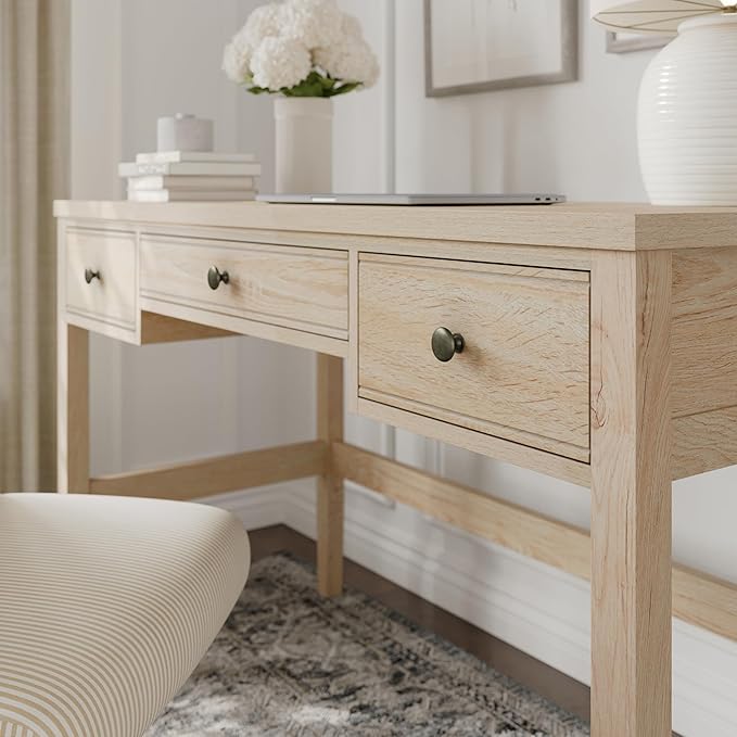 Martha Stewart Rhett Writing Desk with 3 Drawers and Tapered Legs in Light Natural with Antique Bronze Hardware