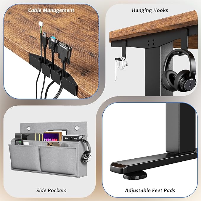 EnHomee Gaming Desk with LED LightsComputer Desk Adjustable Electric Standing Height Office Desk with 3 Memory PresetStorage Side Pocket and Cable ManagementRustic Brown48 x 24 Inch