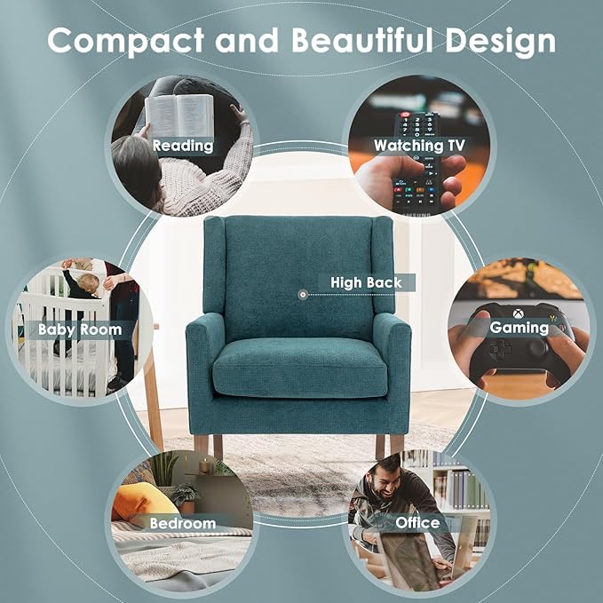 COLAMY Modern Wingback Living Room Chair Upholstered Fabric Accent Armchair Single Sofa Chair with Lounge Seat and Wood Legs for Bedroom/Office/Reading Spaces Teal