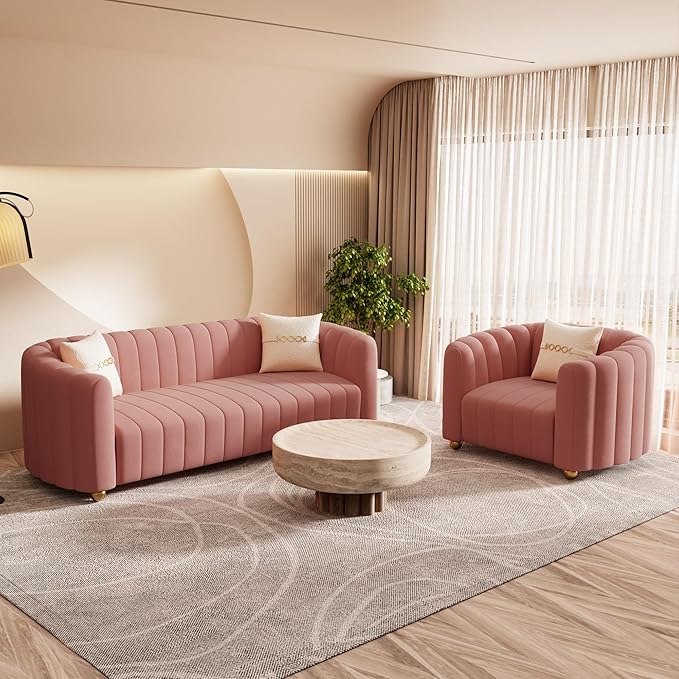 Modern Pink Velvet Sofa Chair for Living Room 42 Single Sofa with Gold Metal Sphere Legs (Pink 1S)
