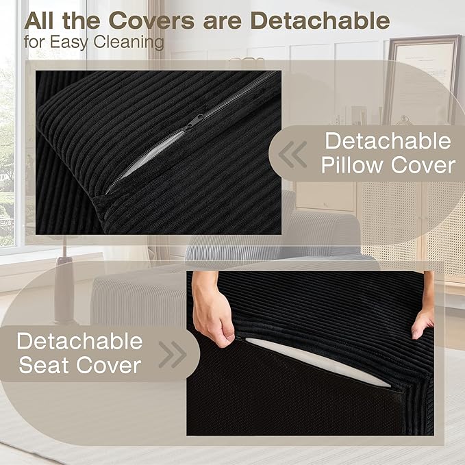 Modular Sectional Sofa Boneless Couches for Living Room Corduroy Couch Big Comfy Couch Modular Cloud Sofa with Deep Seat (Black 1 Piece-Left Armchair)