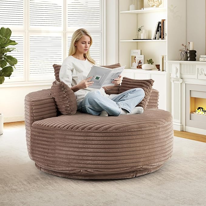 55 W Oversized Round Swivel Accent Barrel Chair360 Degree Faux Fur Upholstered Comfy Chaise Lounge Chair IndoorModern Deep Seat Reading Sofa Armchair for Living RoomBedroomOffice(Brown)