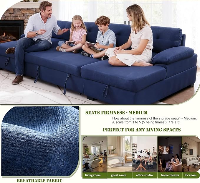 asunflower Sleeper Sofa Sectional Couch with Double Storage Chaise 120-Inch Pull Out Couch for Living Room Apartment U Shaped Easy to Assembly 4-5 Seater Sofa Bed (Navy Blue)