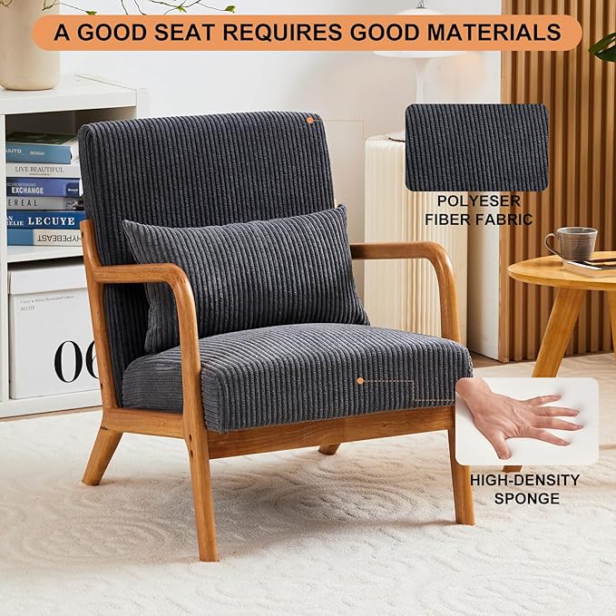 Mid Century Modern Accent Chair with Waist CushionComfy Upholstered Lounge Chair Ergonomic Reading Chair with Solid Rubberwood Frame for Living Room Bedroom (Antique Dark Grey)