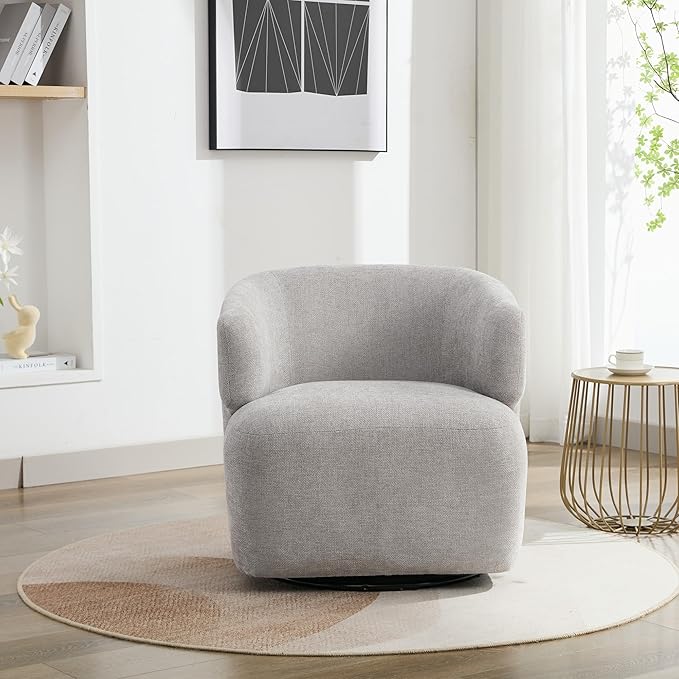Swivel Accent Chair Chenille Barrel Chair for Living Room Cozy Round Boucle Arm Chair Metal Base for Club Nursery Bedroom Light Grey