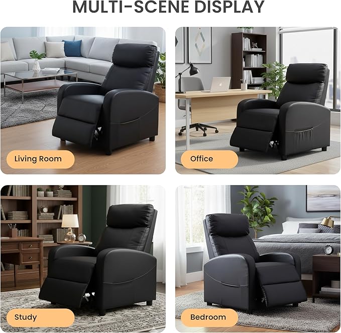 HealSmart Push-Back Reclining Chair Adjustable PU Leather Lounge Seat Comfortable Single Seater for Living Room Bedroom &amp Home Theater Black
